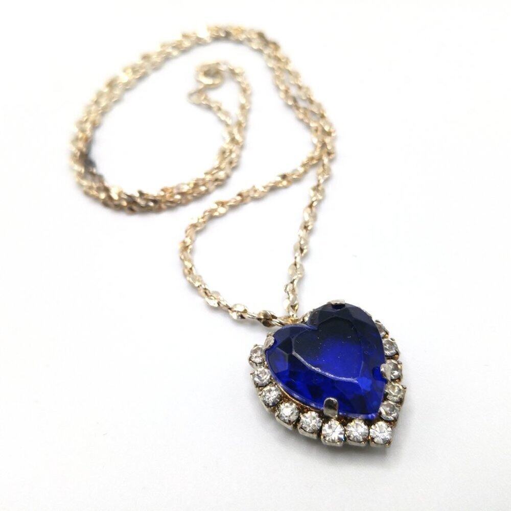 Vintage Blue Heart Pendant Necklace, Signed BC Lind 1998, Clear Rhinestones, 17" - Picture 9 of 11